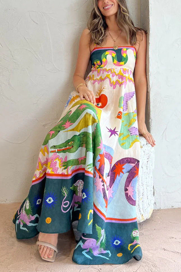 Women's Fashion Printed Loose Casual Sleeveless Sling Large Swing Maxi Dress Women