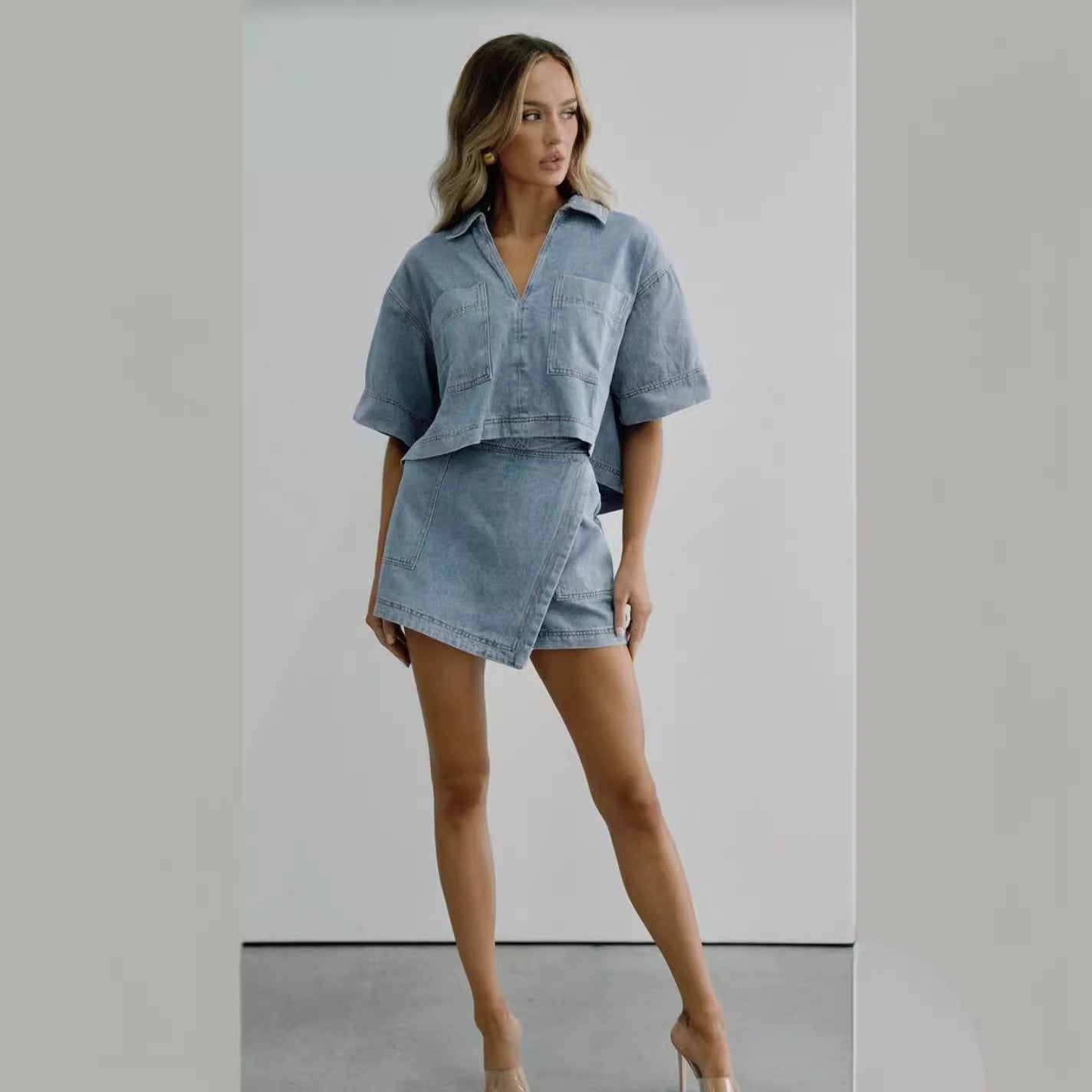 Women's Comfort And Casual Denim Short Sleeve Irregular Pantskirt Suit