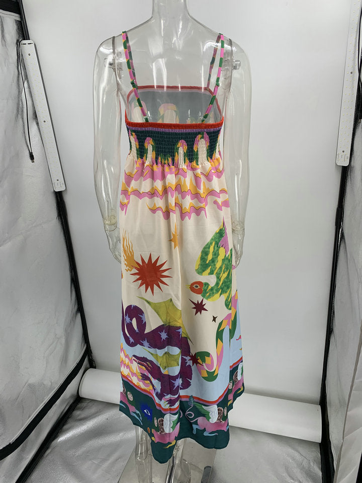 Women's Fashion Printed Loose Casual Sleeveless Sling Large Swing Maxi Dress Women