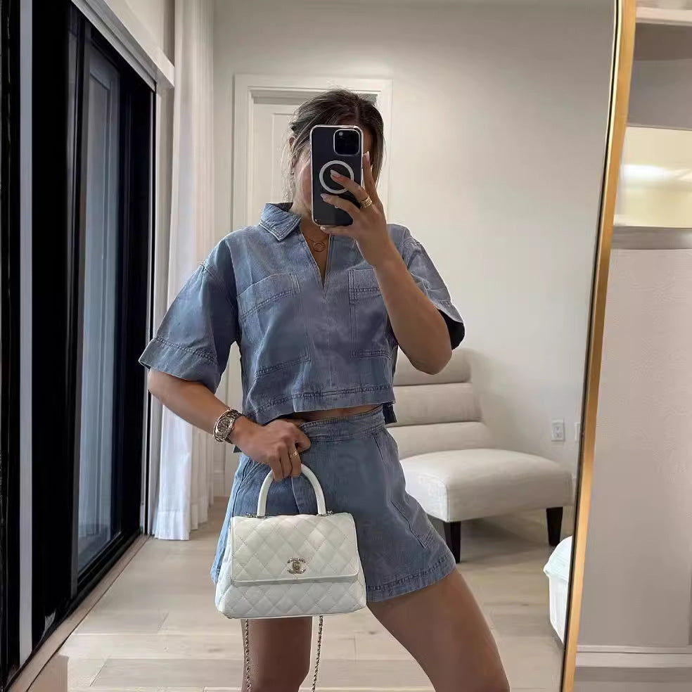 Women's Comfort And Casual Denim Short Sleeve Irregular Pantskirt Suit