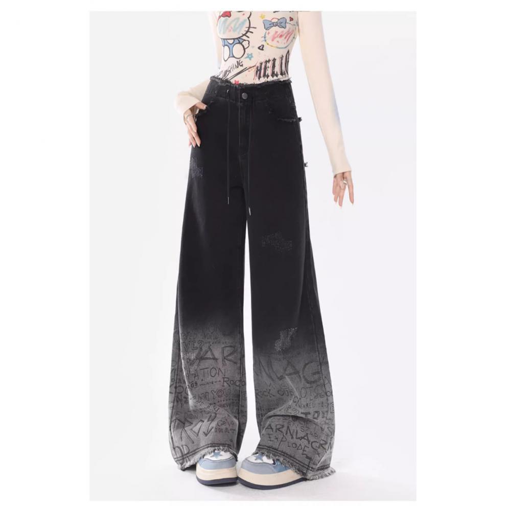 Graffiti Raw Hem High Waist Loose Straight Casual Wide-leg Trousers