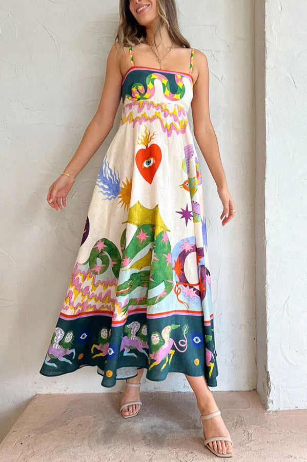 Women's Fashion Printed Loose Casual Sleeveless Sling Large Swing Maxi Dress Women