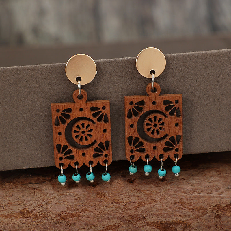 Vintage Geometric Hollow Wooden Earrings with Turquoise Tassel