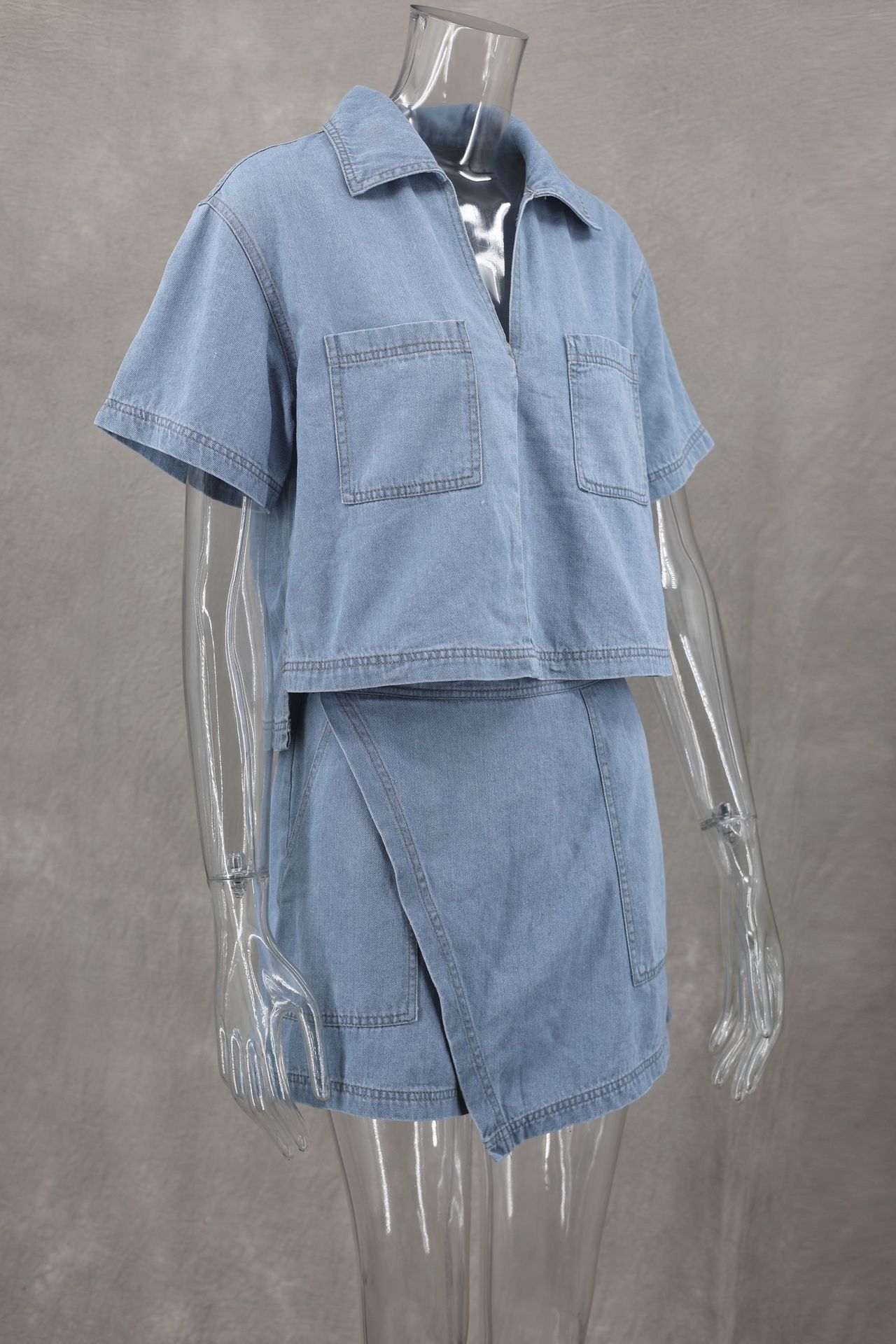 Women's Comfort And Casual Denim Short Sleeve Irregular Pantskirt Suit