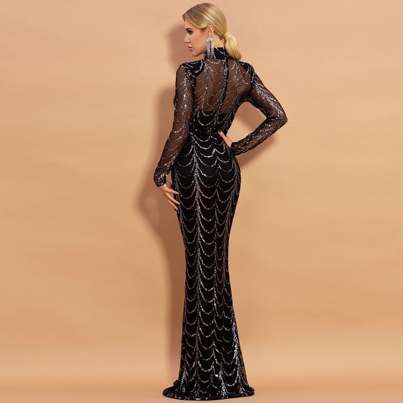 Sparkling Sequin Maxi Dress with Long Sleeves - Perfect for Parties and Special Occasions