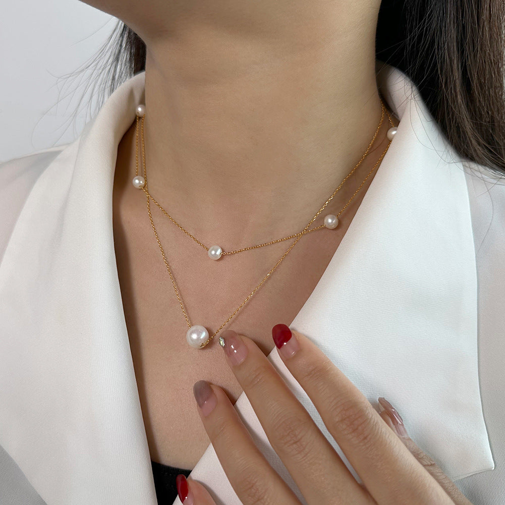 Elegant Double-layer Necklace with Baroque Pearl Pendant in 925 Sterling Silver
