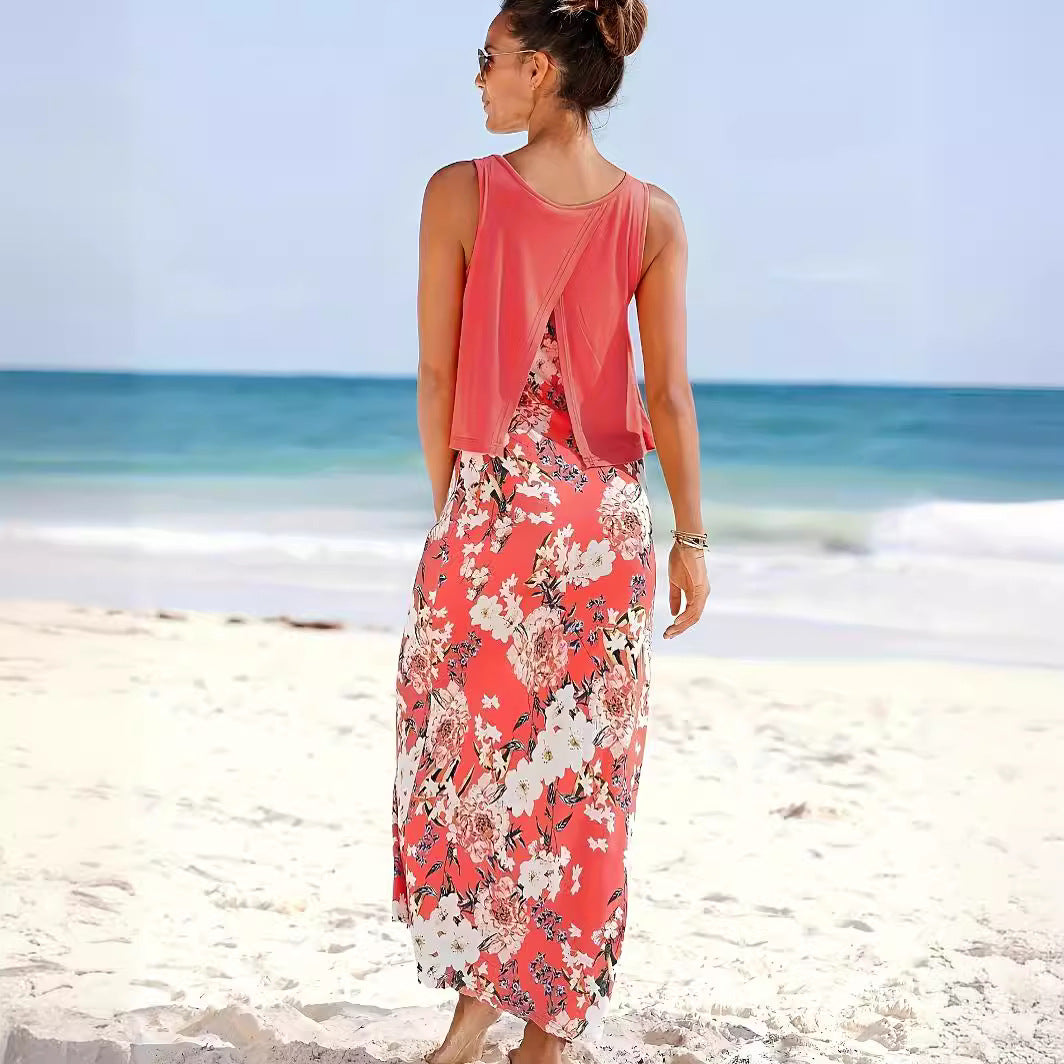 Stylish Women's Floral Print Layered Dress: Embrace Elegance with This Full-Length Design