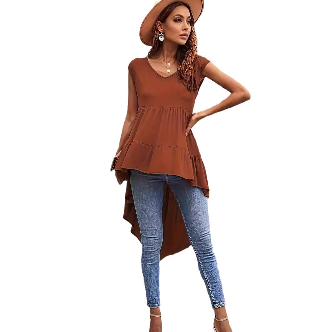 Maroon V-neck Irregular Top Plus Size Women's Clothing