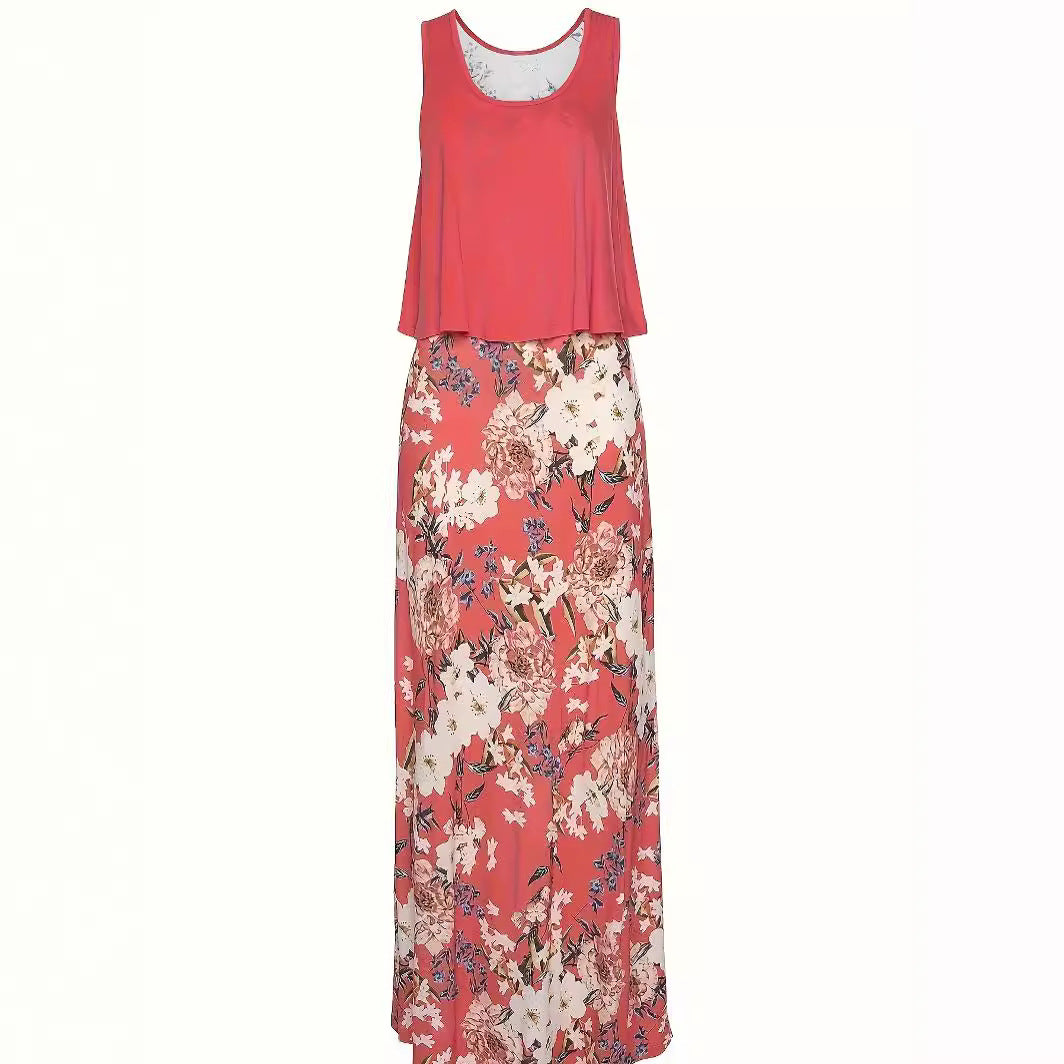 Stylish Women's Floral Print Layered Dress: Embrace Elegance with This Full-Length Design