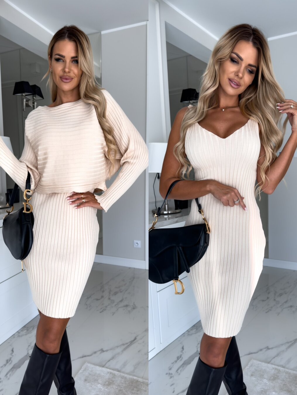 Cross border Fashion Set Women's Autumn New Pit Stripe Long Sleeve Top Suspended Dress