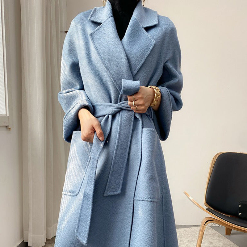 Women's autumn and winter mid-length loose double-faced cashmere coat Korean version lace-up woolen coat