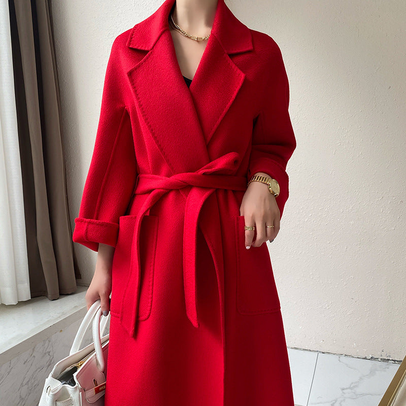 Women's autumn and winter mid-length loose double-faced cashmere coat Korean version lace-up woolen coat