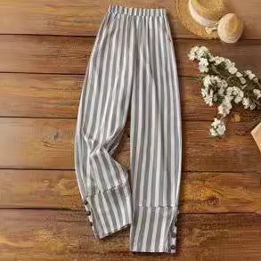 Women's Striped Casual Trousers featuring Decorative Buttons