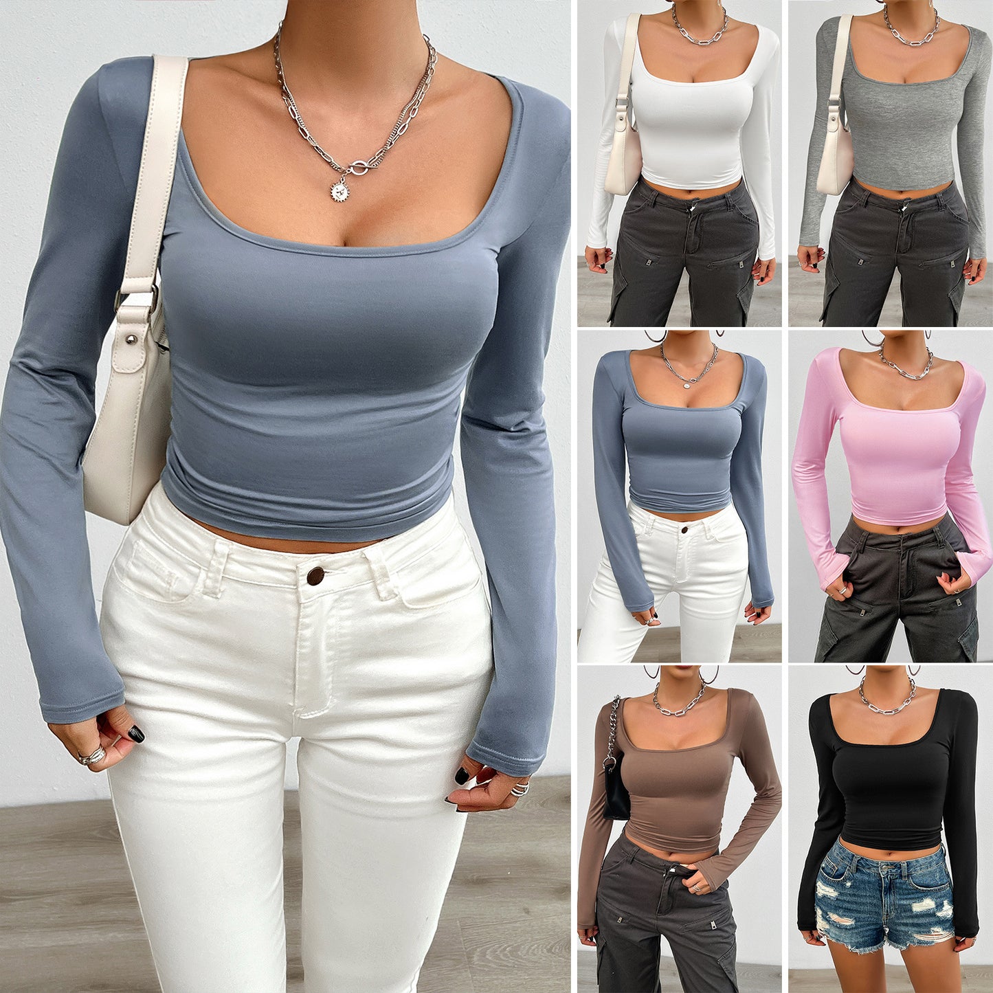 Chic Slim-fit Long-sleeved Solid Top with Square Collar