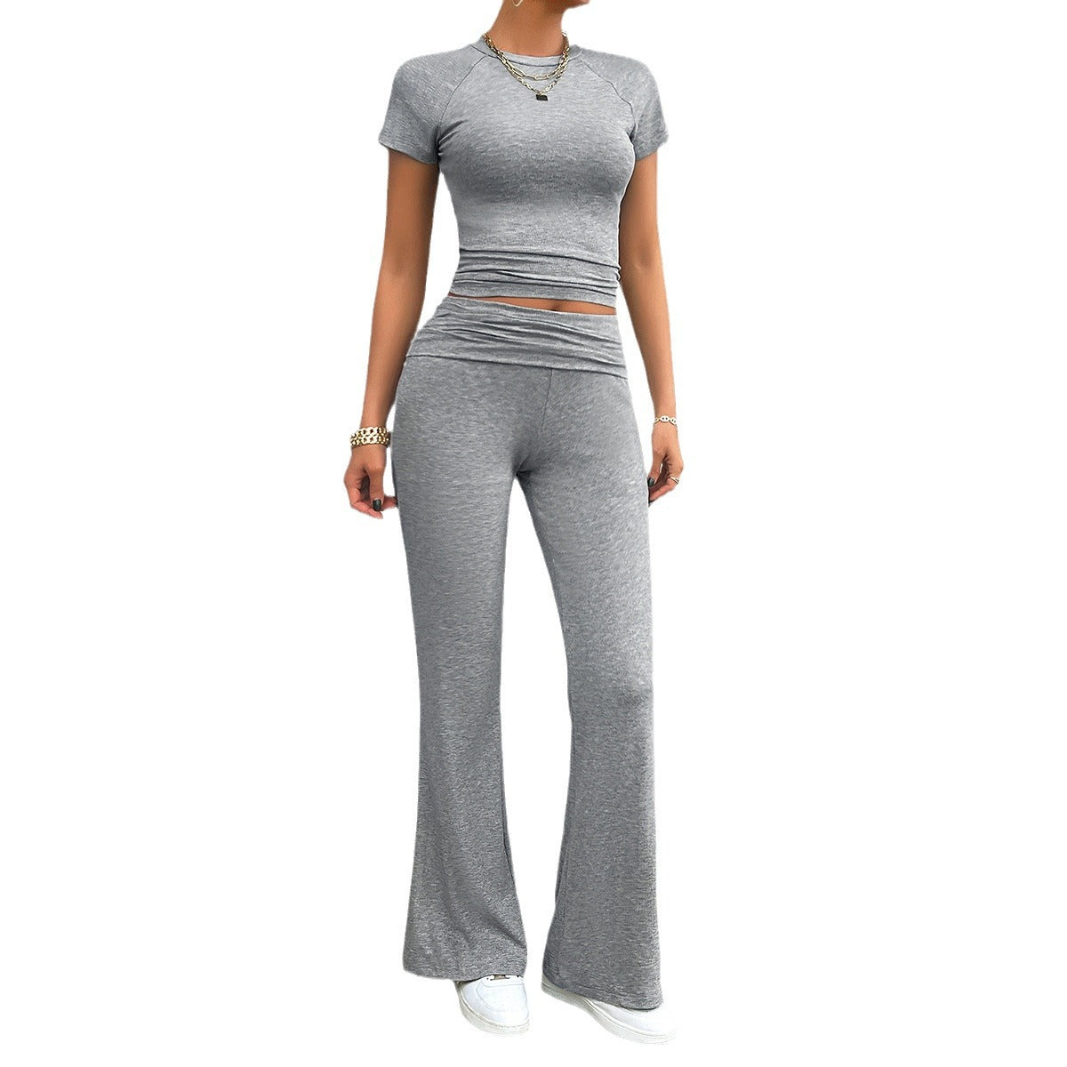 Slim Fit Short Sleeve Suit - Solid Color Trousers