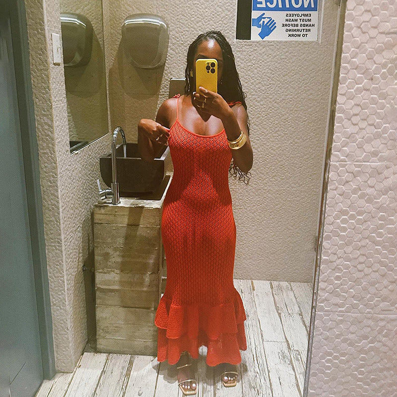 Women's Sleeveless Low-cut Knitted Tied High Waist Slim Fishtail Dress