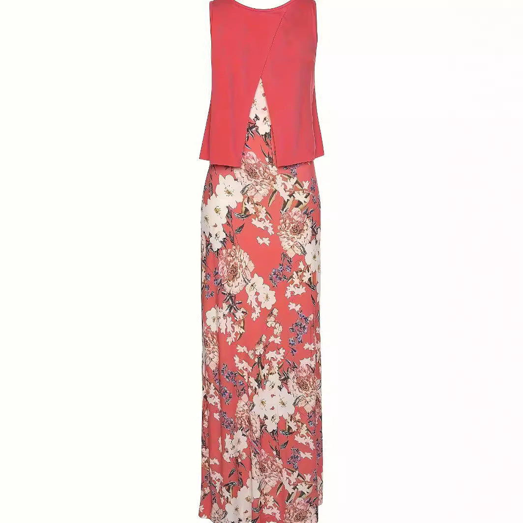 Stylish Women's Floral Print Layered Dress: Embrace Elegance with This Full-Length Design