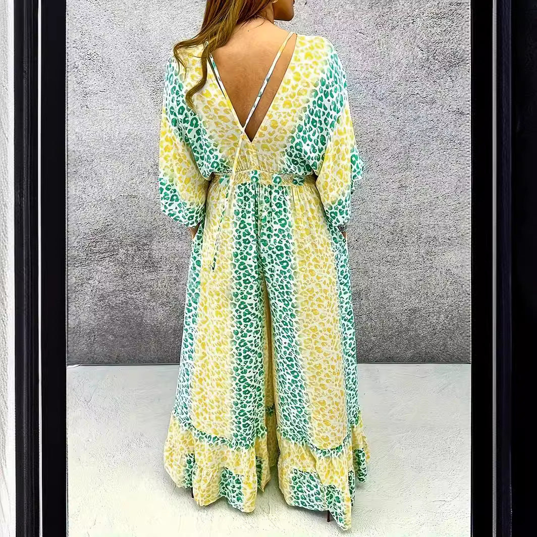 Stylish Women's V-neck Leopard Print Wide Leg Jumpsuit