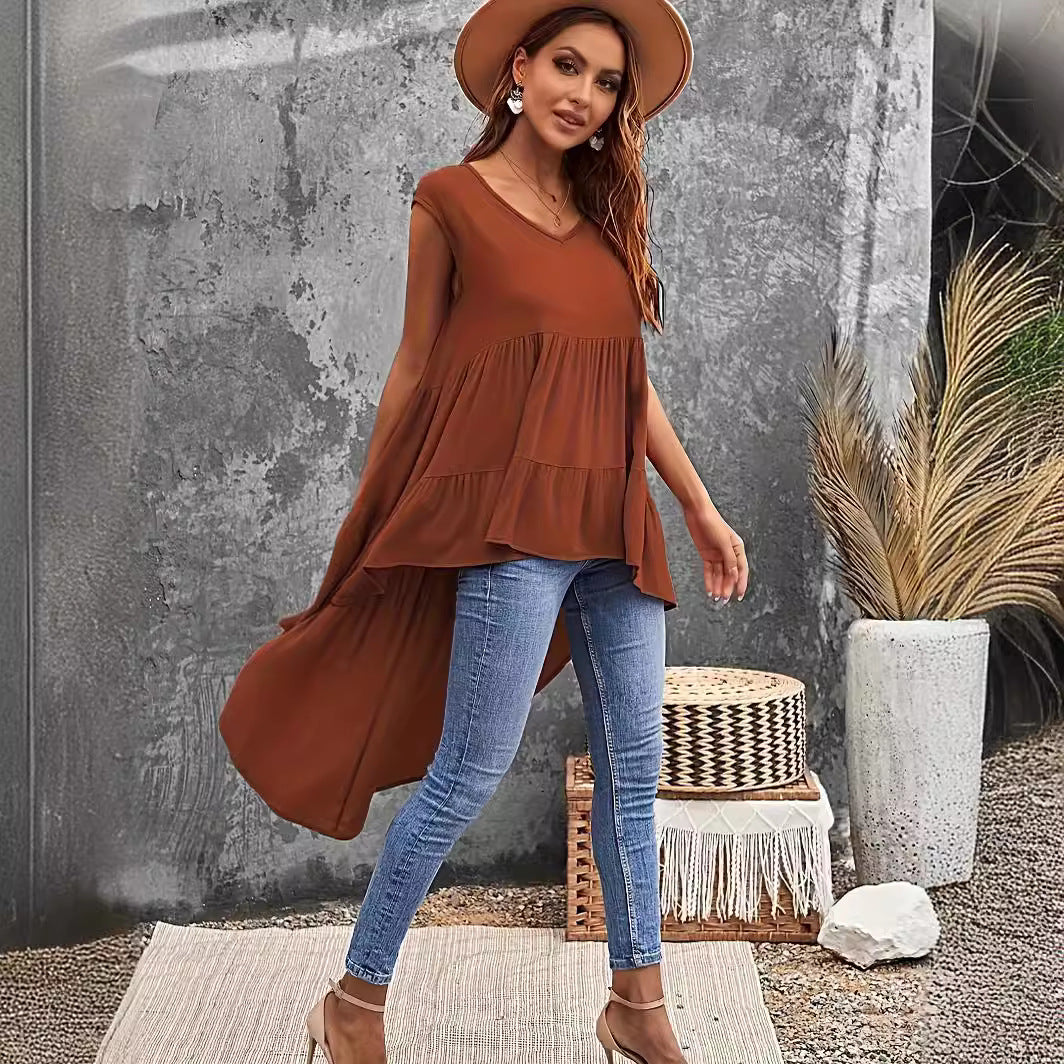 Maroon V-neck Irregular Top Plus Size Women's Clothing