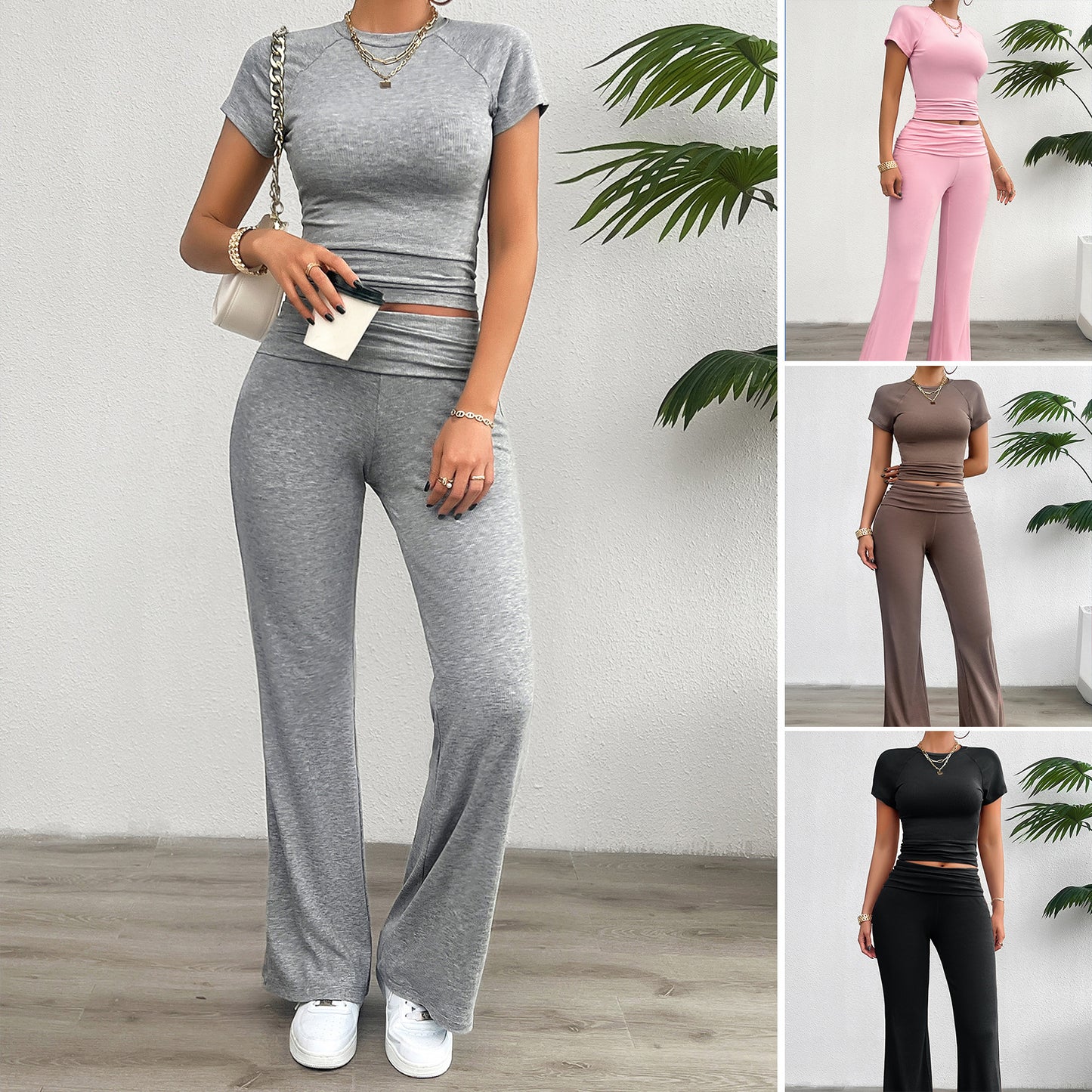 Slim Fit Short Sleeve Suit - Solid Color Trousers