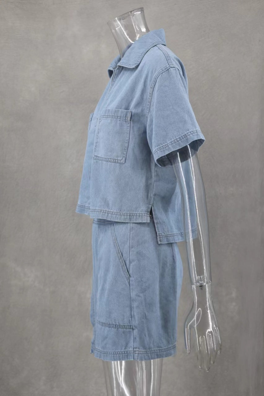 Women's Comfort And Casual Denim Short Sleeve Irregular Pantskirt Suit