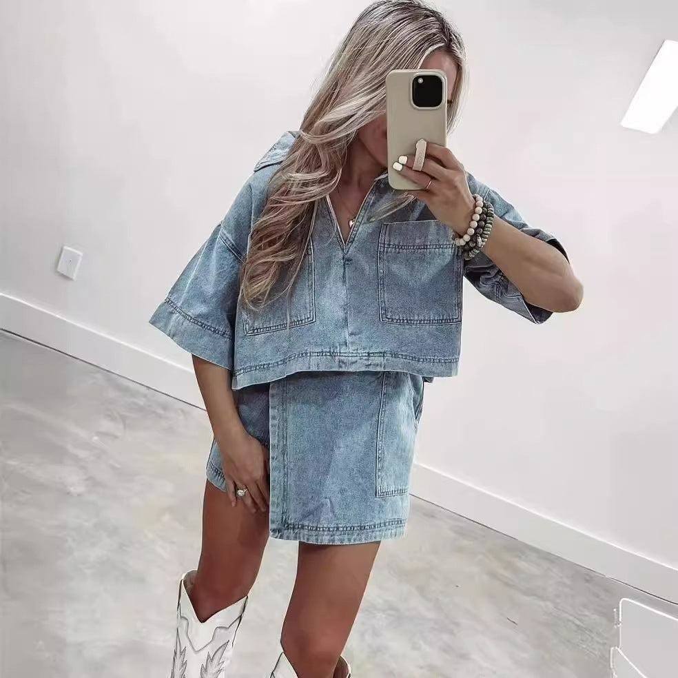 Women's Comfort And Casual Denim Short Sleeve Irregular Pantskirt Suit