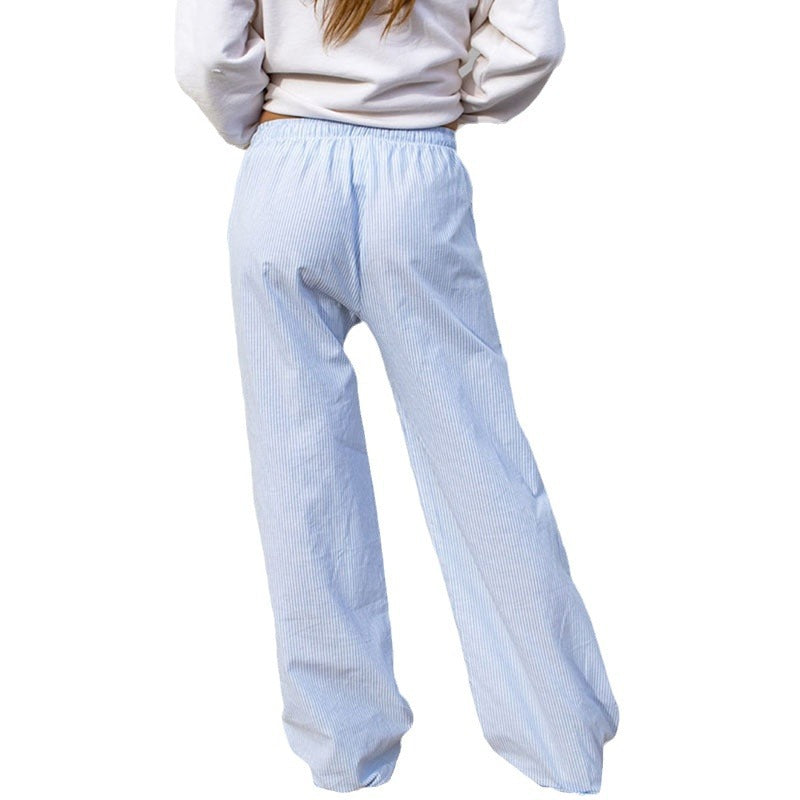 Striped Printed Elastic Waist Drawstring Pocket Straight Casual Trousers