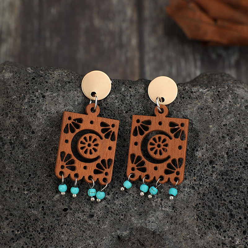 Vintage Geometric Hollow Wooden Earrings with Turquoise Tassel