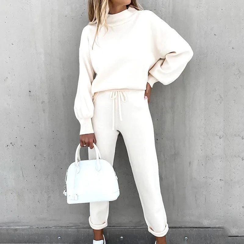 Women's Autumn/Winter Two-Piece Casual Tracksuit Set - Solid Color Pullover Sweatshirt and Pants Suit