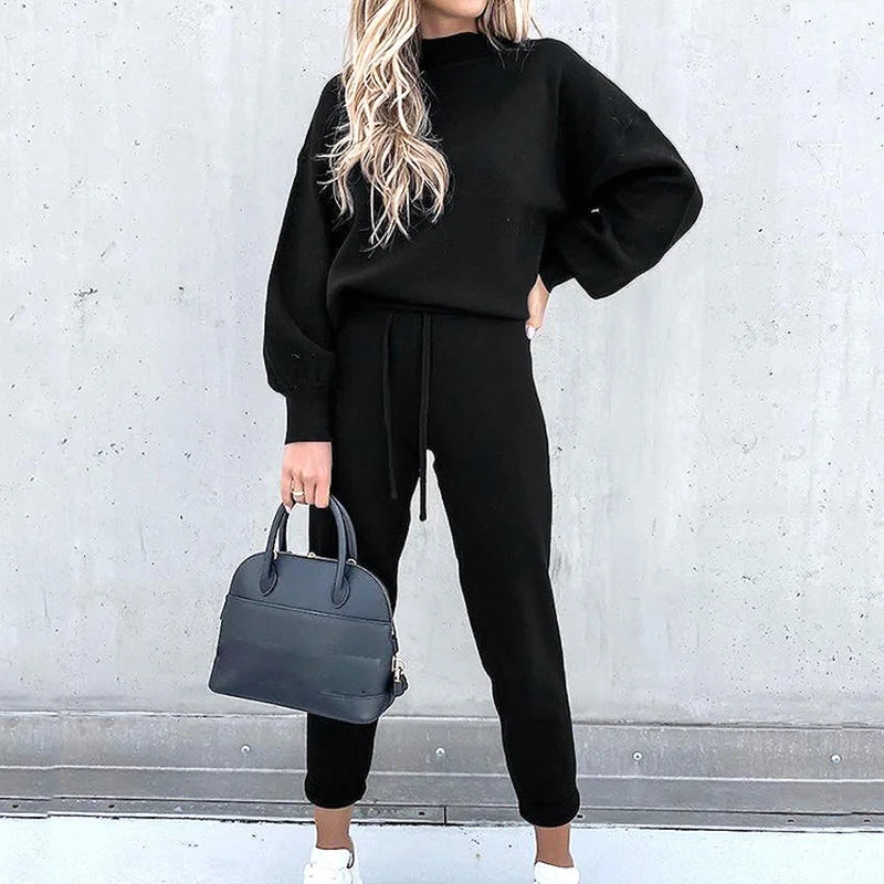 Women's Autumn/Winter Two-Piece Casual Tracksuit Set - Solid Color Pullover Sweatshirt and Pants Suit
