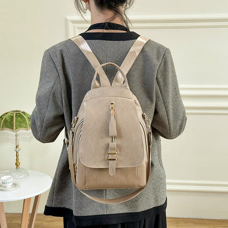 Backpack Women's Retro Solid Color Outdoor Leisure Bag PU Soft Leather Large Capacity Backpack