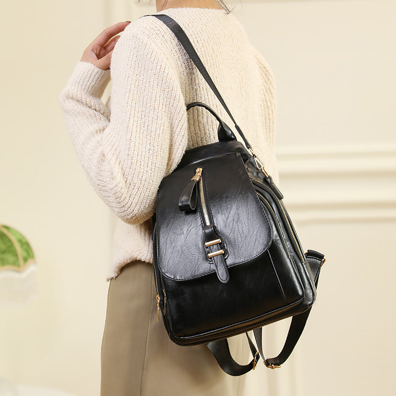 Backpack Women's Retro Solid Color Outdoor Leisure Bag PU Soft Leather Large Capacity Backpack