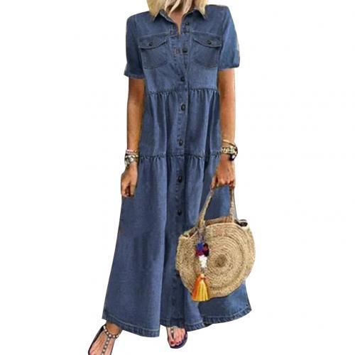 Retro Loose Denim Dress with Pockets for Plus Size Women, Short Sleeve, Turn Down Collar, 3XL