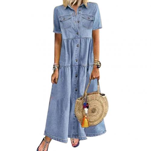 Retro Loose Denim Dress with Pockets for Plus Size Women, Short Sleeve, Turn Down Collar, 3XL