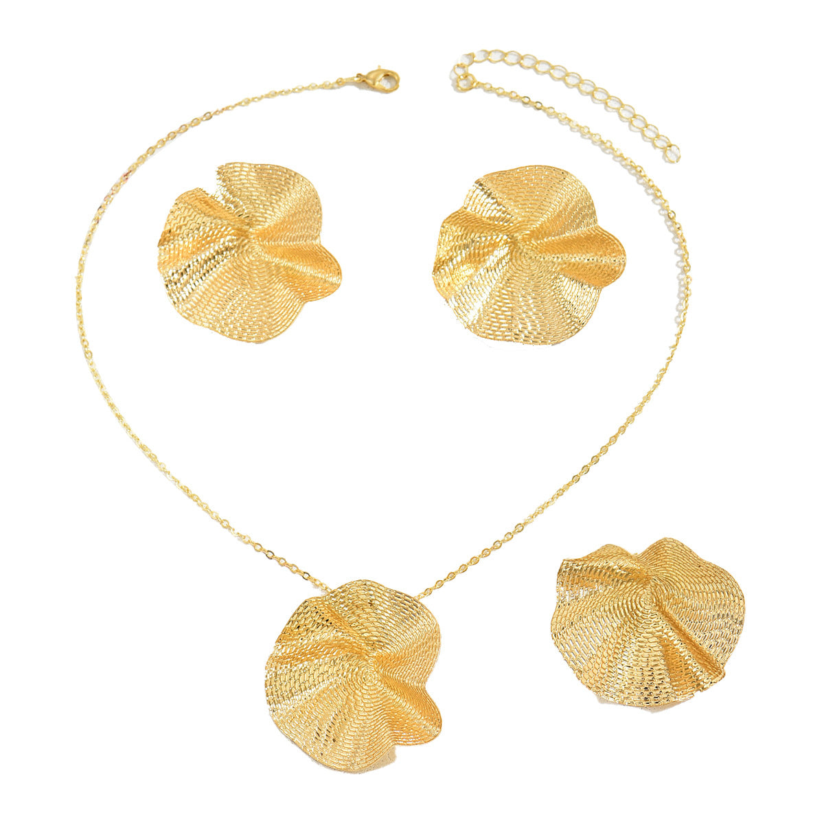 Pastoral Style Pleated Earrings Necklace Ring Set with Lotus Leaf Design