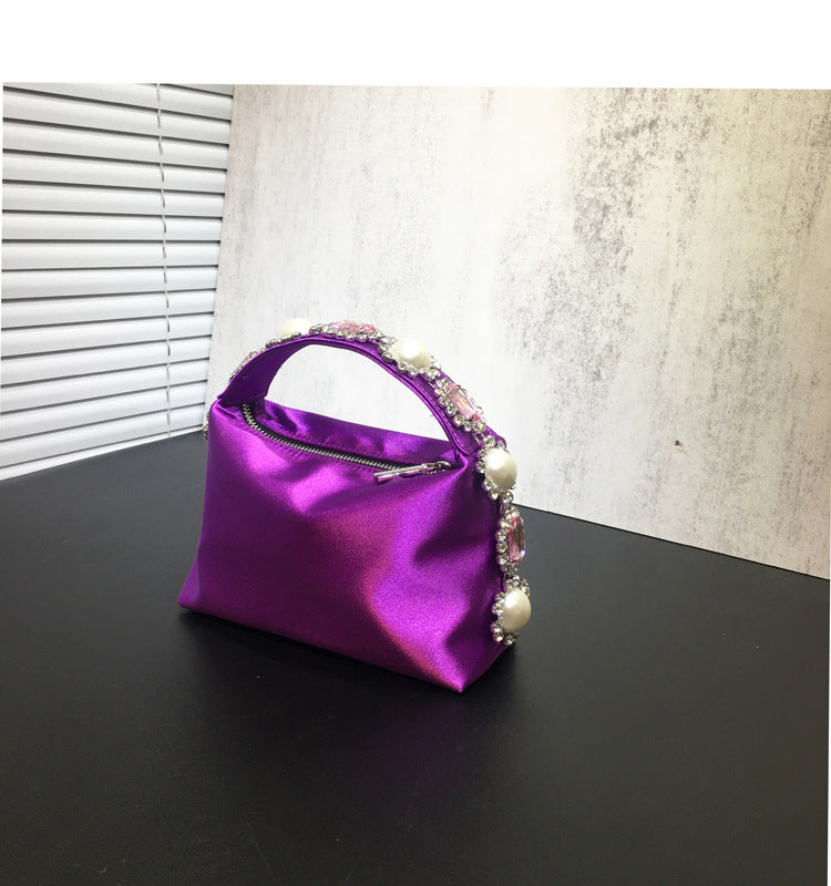 Elegant Silk Clutch with Flower Rhinestone and Pearl Embellishments