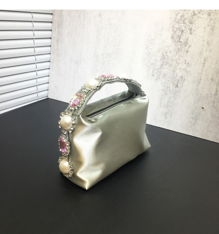 Elegant Silk Clutch with Flower Rhinestone and Pearl Embellishments