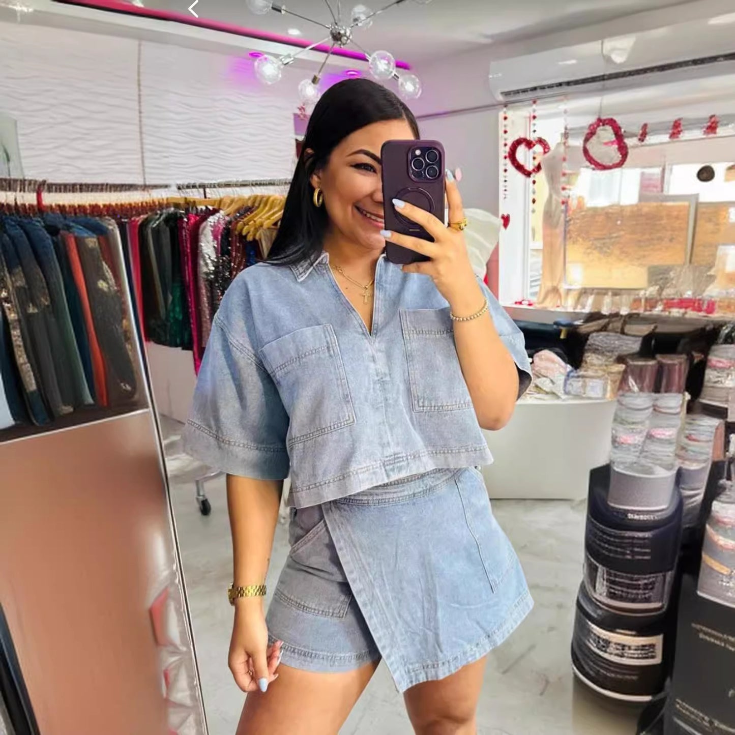 Women's Comfort And Casual Denim Short Sleeve Irregular Pantskirt Suit