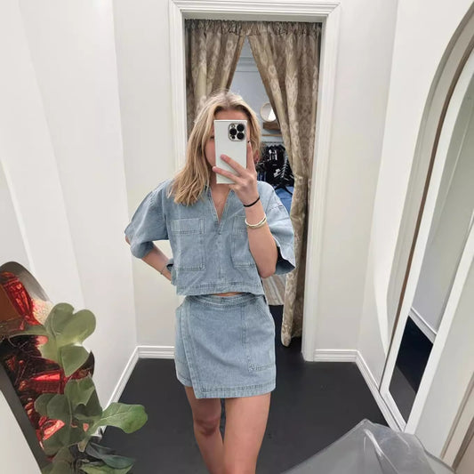 Women's Comfort And Casual Denim Short Sleeve Irregular Pantskirt Suit