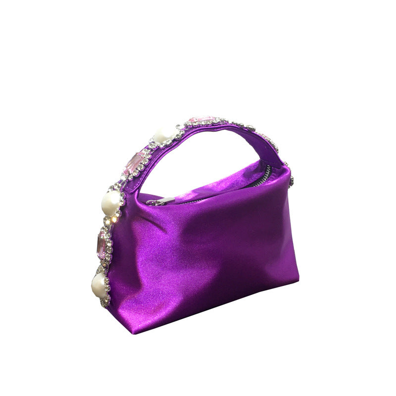 Elegant Silk Clutch with Flower Rhinestone and Pearl Embellishments