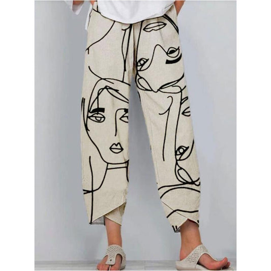 High Waist Loose Fit Cropped Trousers with Printed Stitching