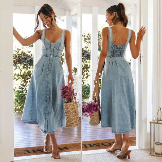 Women's Denim Buckle Strap Midi Dress