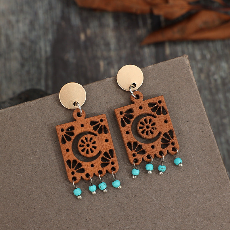 Vintage Geometric Hollow Wooden Earrings with Turquoise Tassel