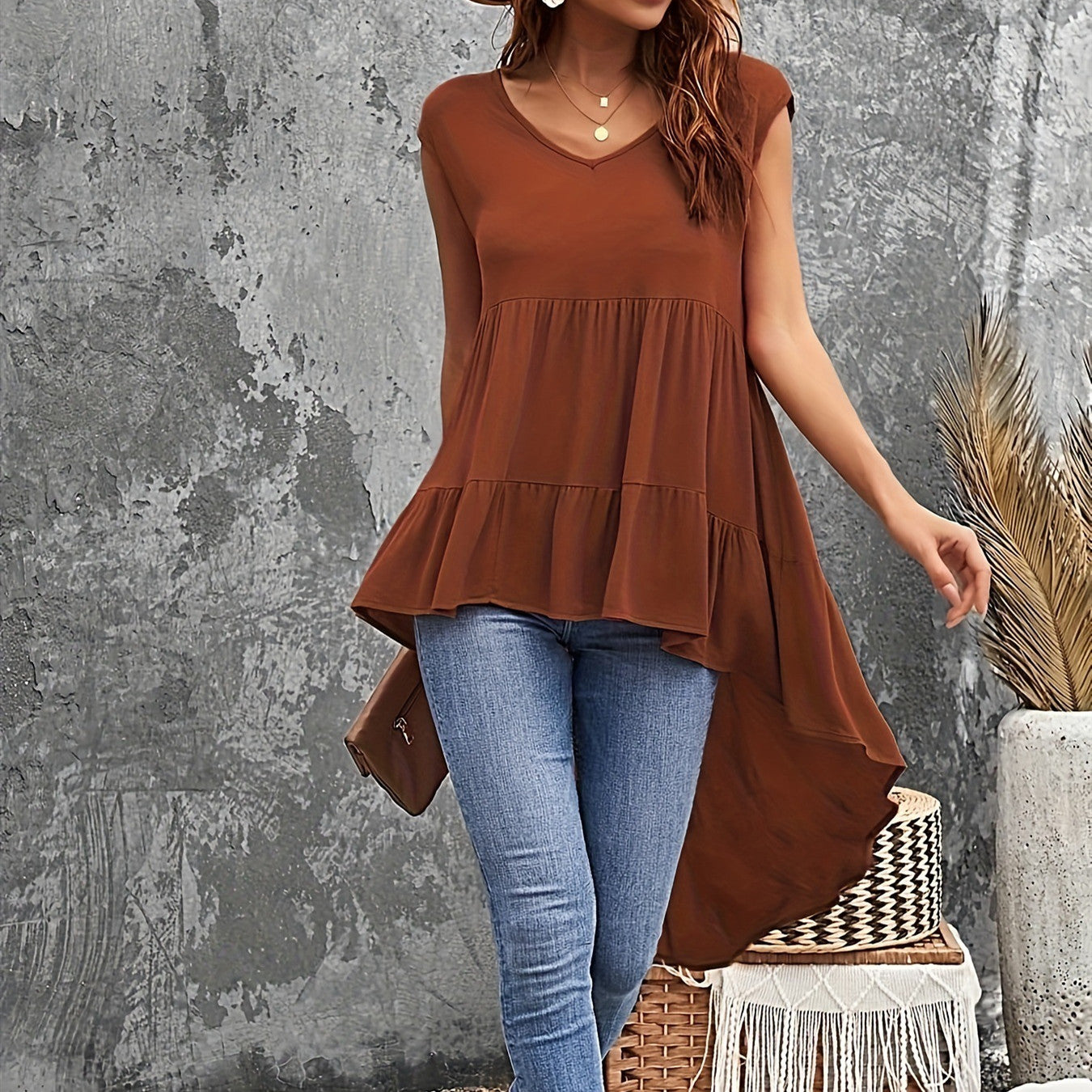 Maroon V-neck Irregular Top Plus Size Women's Clothing