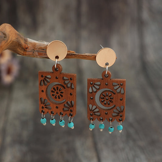 Vintage Geometric Hollow Wooden Earrings with Turquoise Tassel