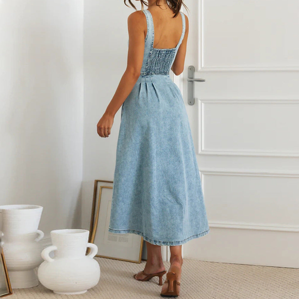 Women's Denim Buckle Strap Midi Dress