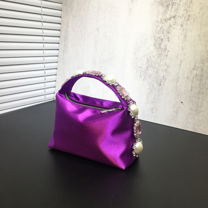 Elegant Silk Clutch with Flower Rhinestone and Pearl Embellishments