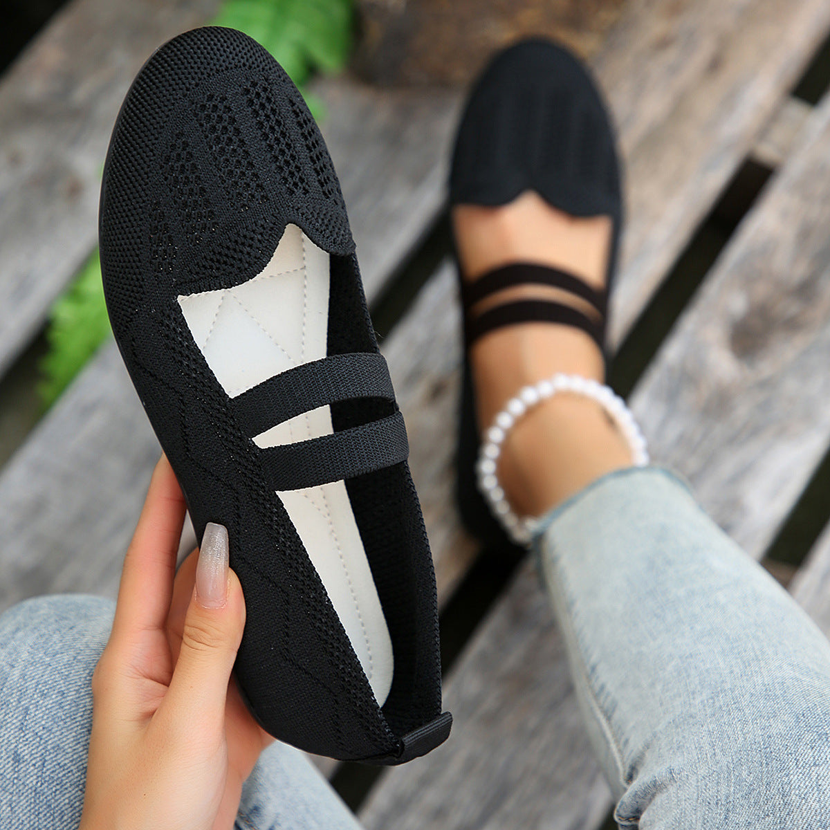 Casual Mesh Flats Women's Low-cut Round Toe Slip-on Knit Shoes