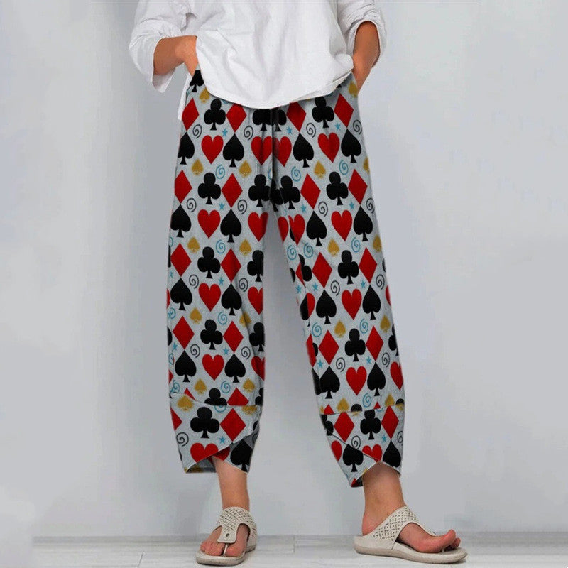 High Waist Loose Fit Cropped Trousers with Printed Stitching