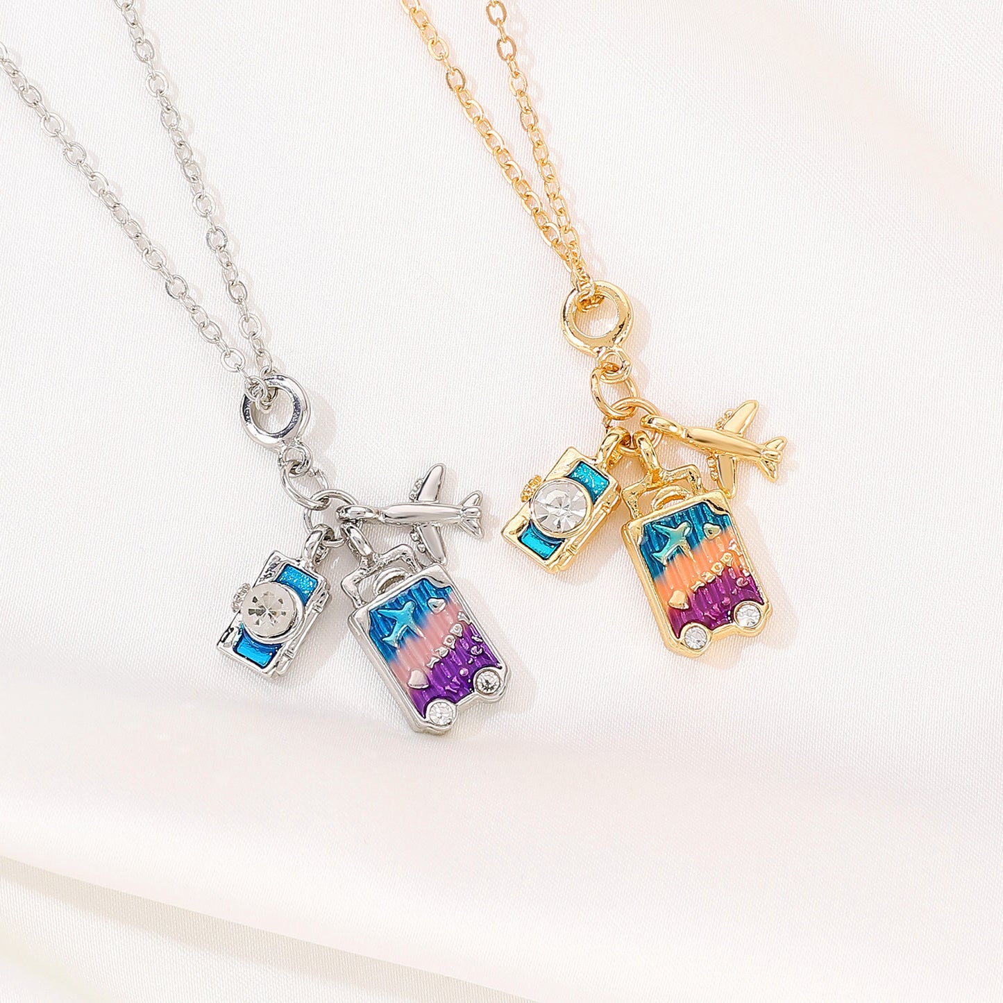 Travel-Themed Necklace with Camera Suitcase Pendant for Women